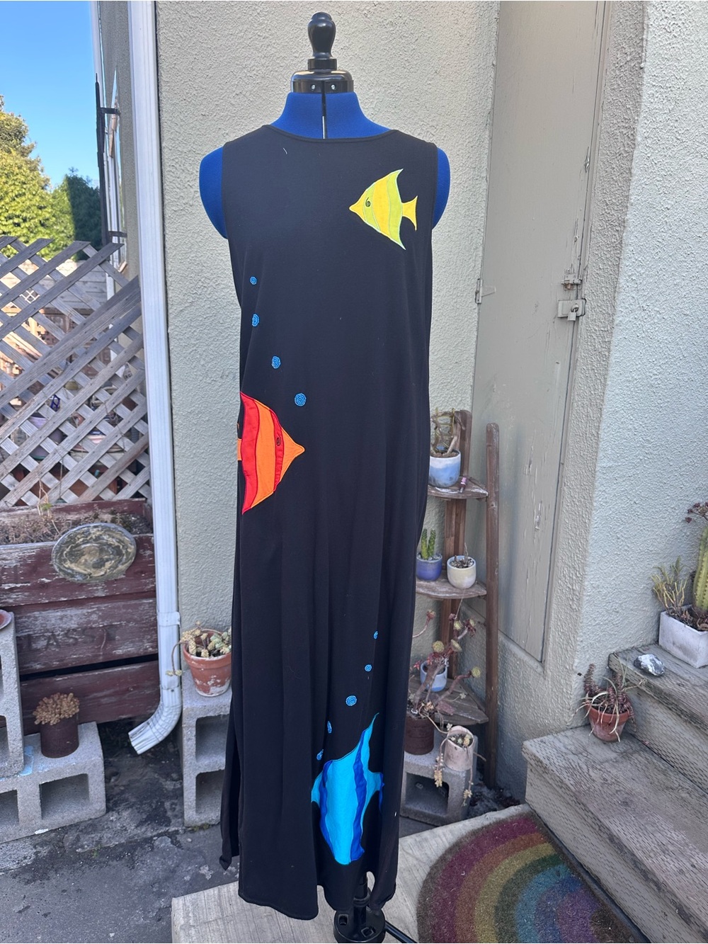 Vintage Colorful Sleeveless A Line Tent Maxi Fish Appliqué & Beading